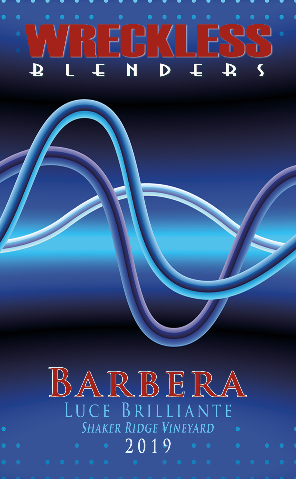 Front label artwork for Wreckless Blenders 2019 Barbera.