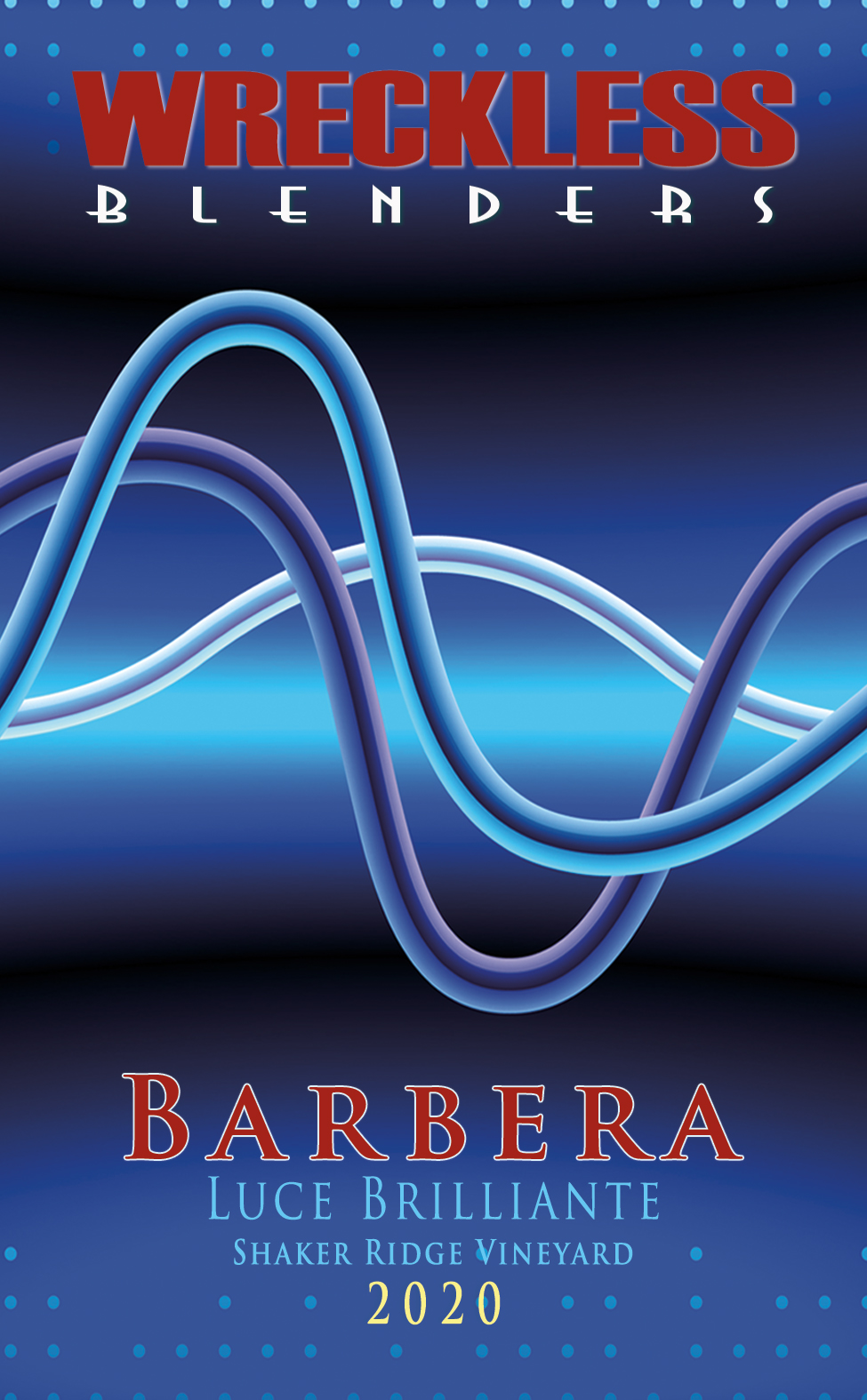 Front label artwork for Wreckless Blenders 2020 Barbera.