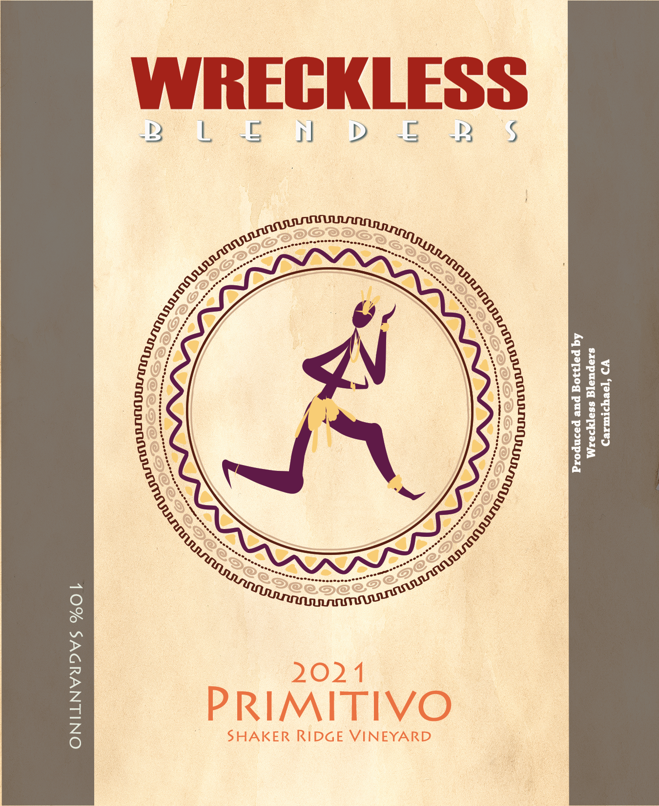 Front label artwork for Wreckless Blenders 2021 Primitivo.