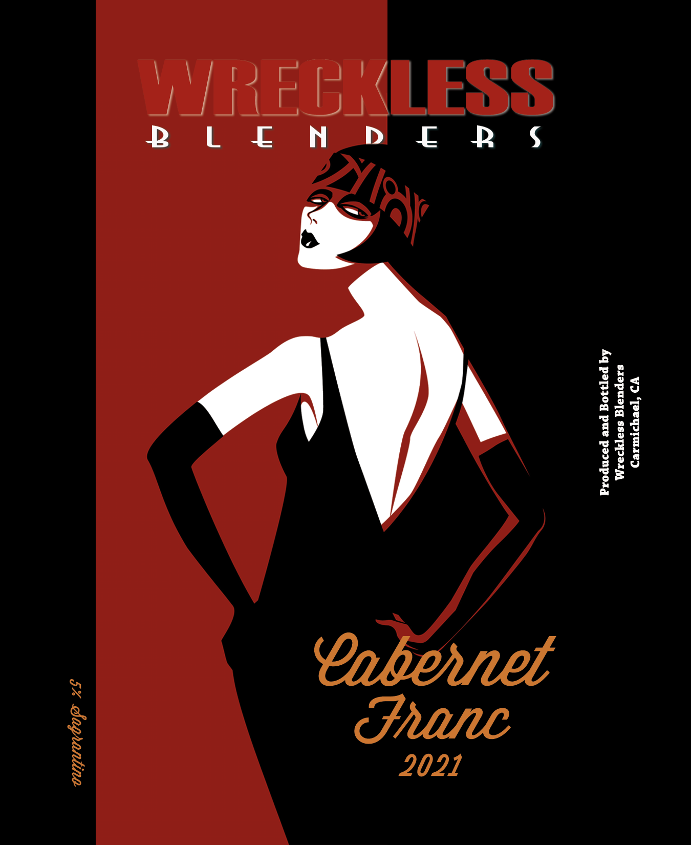 Front label artwork for Wreckless Blenders 2021 Cabernet Franc.