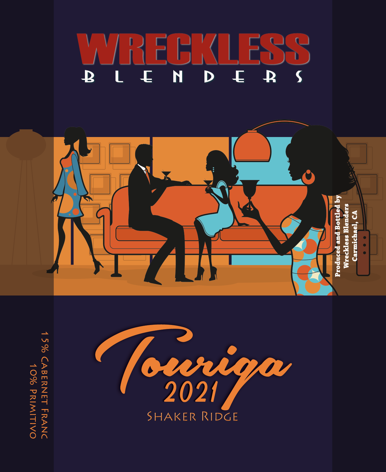 Front label artwork for Wreckless Blenders 2021 Touriga.