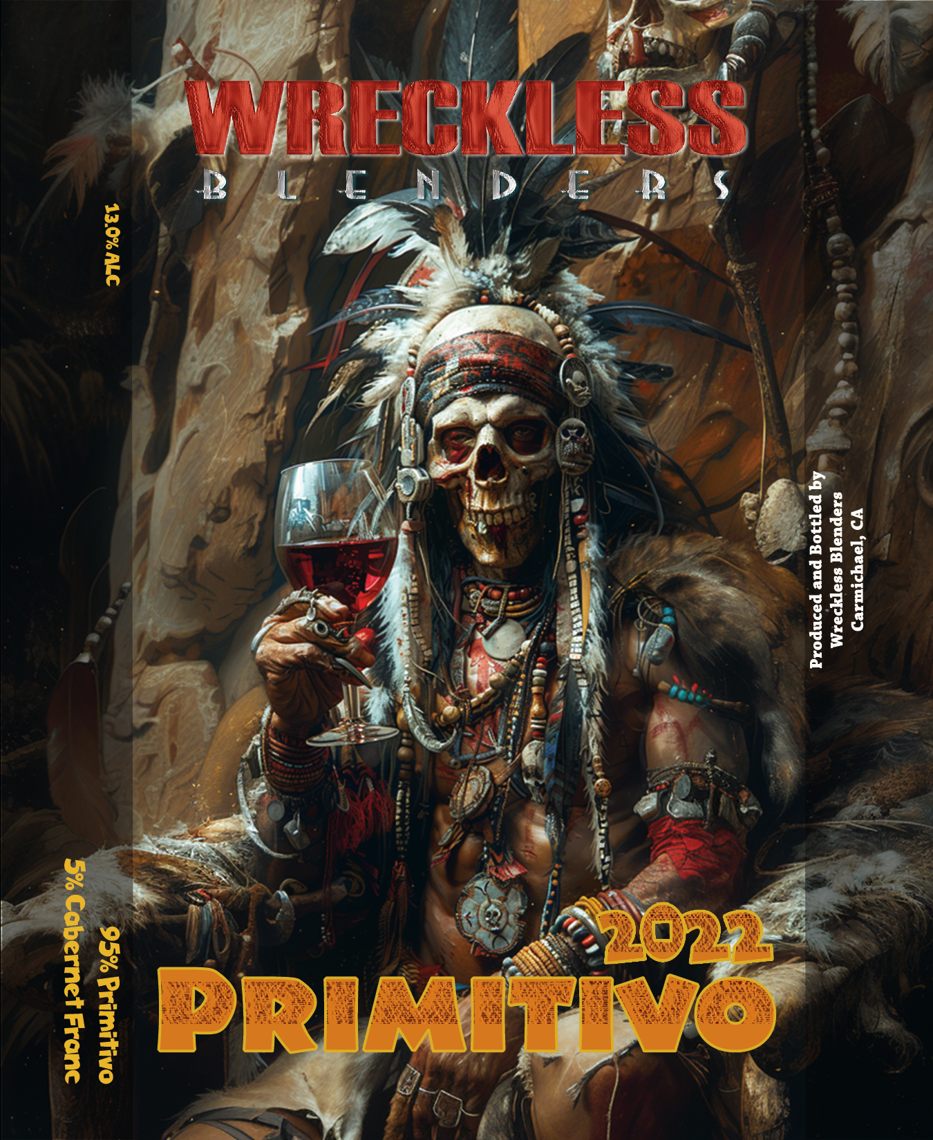Front label artwork for Wreckless Blenders 2022 Primitivo.
